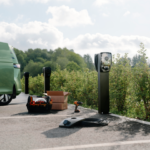 Zaptec_pro_system_charging_2056 Zaptec ev chargers on black posts being installed in a car park