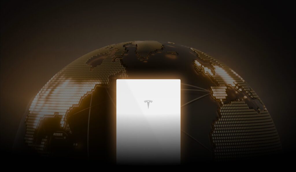 Futuristic glowing globe with circuit like patterns and a white card featuring the Tesla logo in the foreground