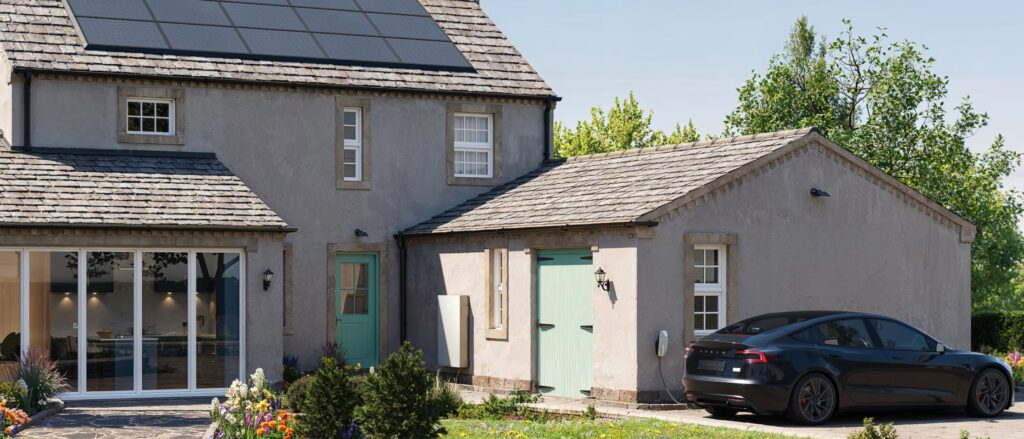 Black Tesla charging with a tesla wall connector Tesla Powerwall  and Tesla solar